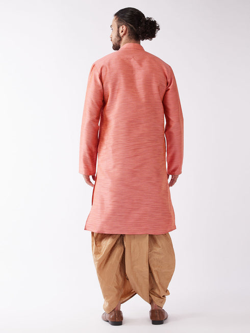 Vastramay Men's Pink And Rose Gold Silk Blend Kurta And Dhoti Set